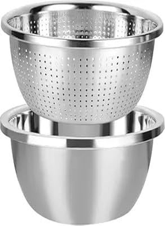 SHREESAMP Strainer Stainless Steel Kitchen Drainer Basket for Washing Rice Vegetables Fruits Salad Mixing Food Prep Silver Mesh Strainer Micro-Perforated Metal Countertop Grain Basket (Combo)